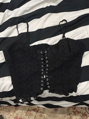 Garage Black Eyelet Lace-Up Crop Top